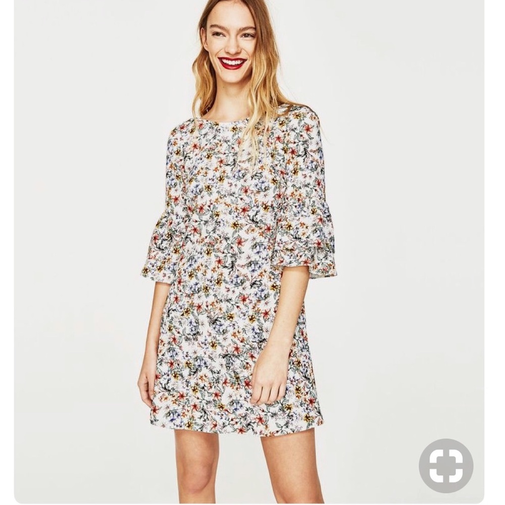 Zara white floral dress with ruffle sleeves medium